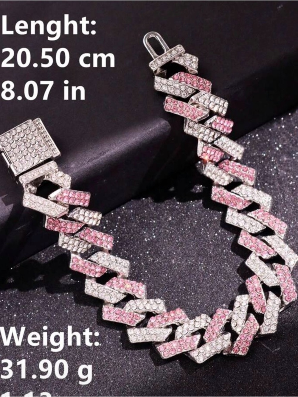 Sterling-Inspired Pink & Silver Pave Cuban Link Bracelet - Picture 4 of 6